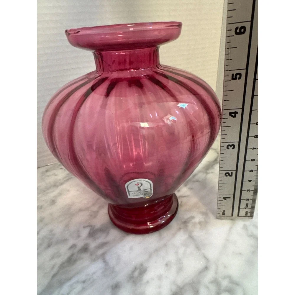 Pilgrim Glass Cranberry Pink Optic Ribbed Bulbous Vase Handblown West Virginia